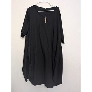 Mordenmiss Long Line Dress Black Womens 2XL Oversize Lagenlook Button Boho Linen